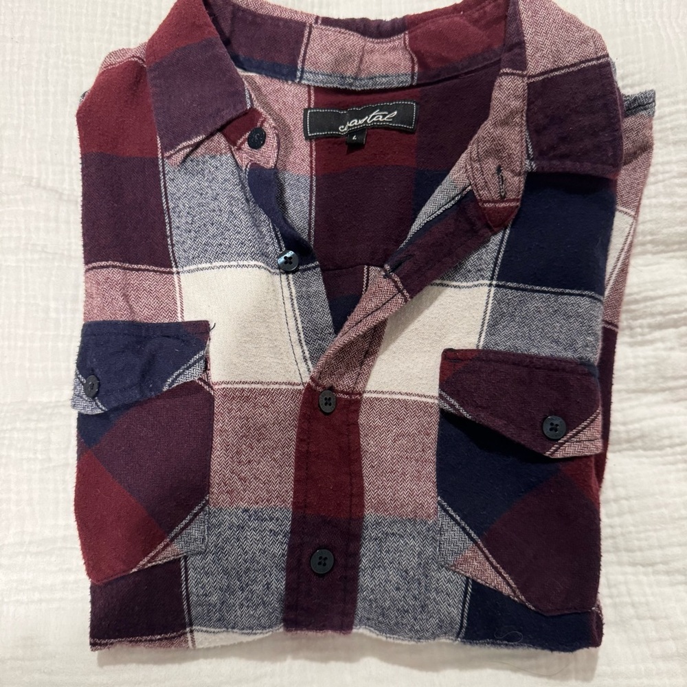 Coastal men’s size large Plaid Button-Up Flannel Shirt in Burgundy, Navy & White